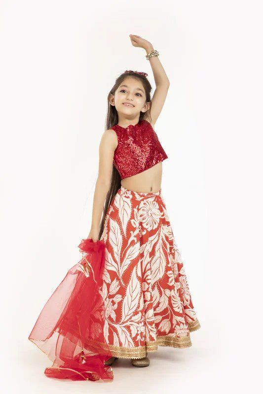 Red & ivory floral lehenga set   byb premium