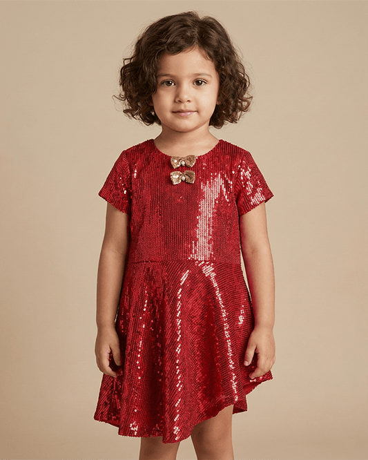 Red Sequin Party Dress with Gold Bow Accents - BYB PREMIUM