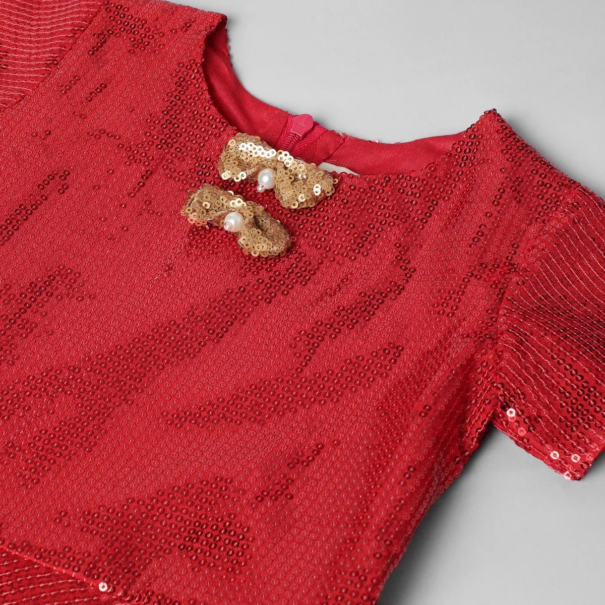 Red sequin party dress with gold bow accents   byb premium