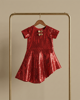 Red Sequin Party Dress with Gold Bow Accents - BYB PREMIUM