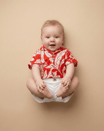 Load image into Gallery viewer, Red Tropical Print Pure Linen Shirt &amp; Shorts Set for Boys - BYB PREMIUM
