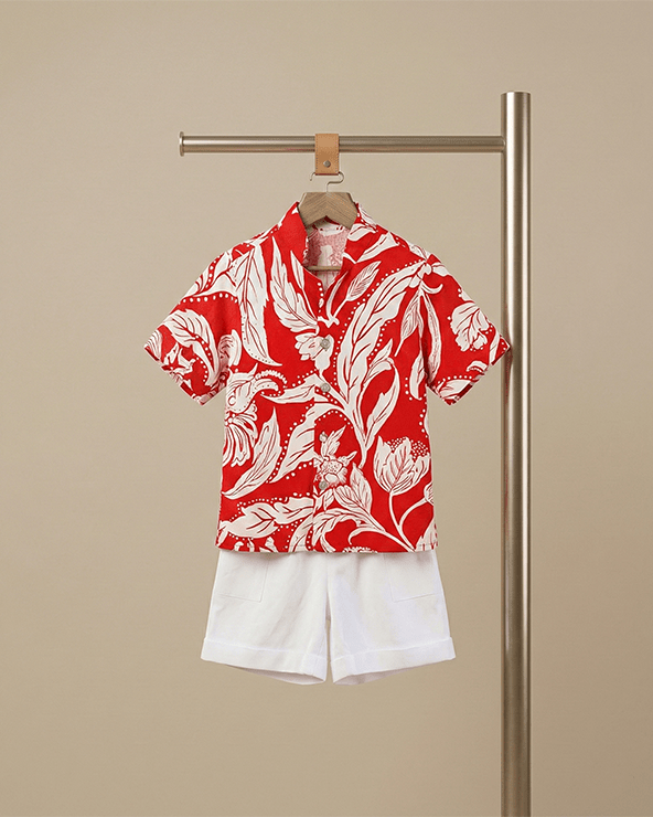 Red Tropical Print Pure Linen Shirt & Shorts Set for Boys - BYB PREMIUM