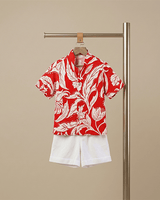 Red Tropical Print Pure Linen Shirt & Shorts Set for Boys - BYB PREMIUM