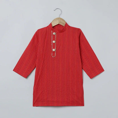 Red & White Katha Stitch Kurta Pyjama Set for Boys - BYB PREMIUM