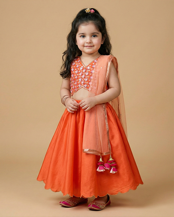 Orange tussar silk girls lehenga choli set