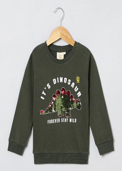 Roar Mode Reversible Sequin Dino Sweatshirt – Olive Green - BYB PREMIUM