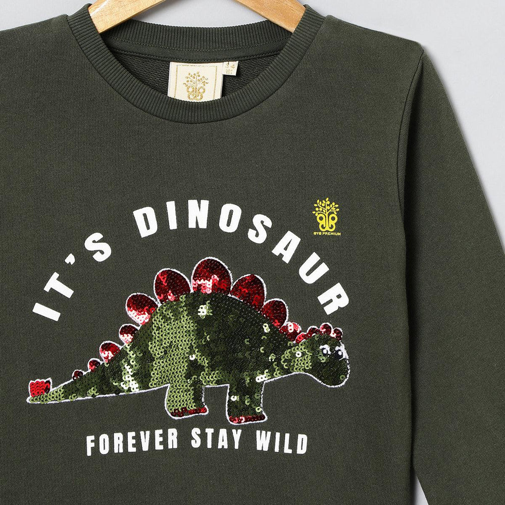 Roar Mode Reversible Sequin Dino Sweatshirt – Olive Green - BYB PREMIUM
