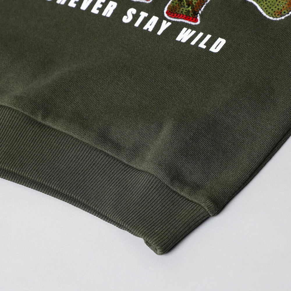 Roar Mode Reversible Sequin Dino Sweatshirt – Olive Green - BYB PREMIUM