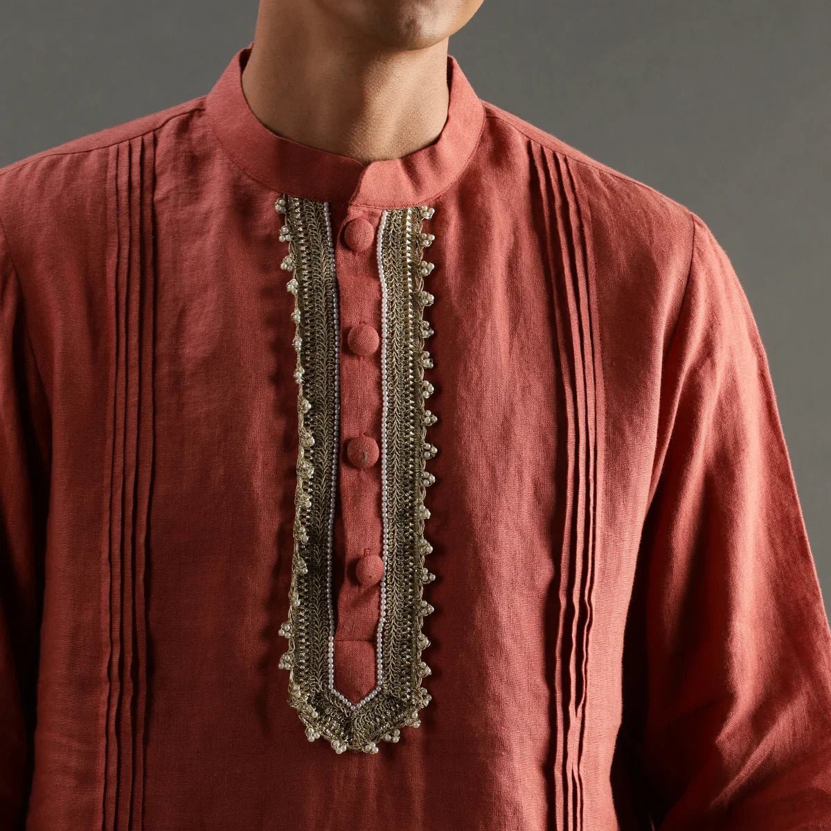 Rust linen kurta pyjama set with hand embroidery   byb premium