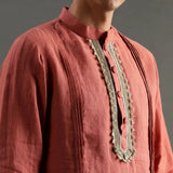 Rust Linen Kurta Pyjama Set with Hand Embroidery - BYB PREMIUM