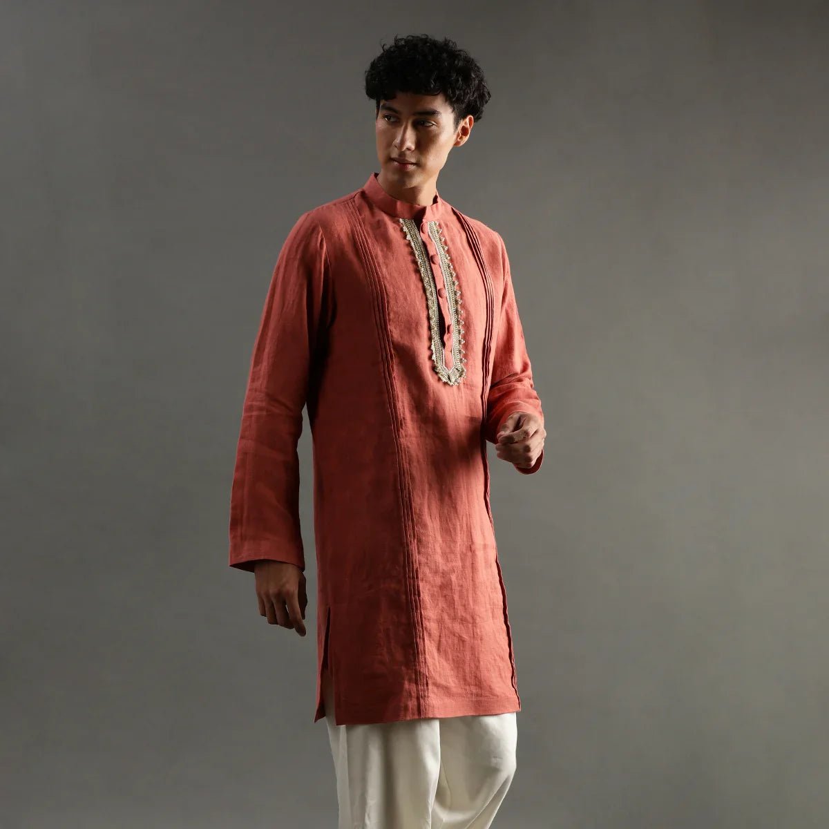 Rust linen kurta pyjama set with hand embroidery   byb premium
