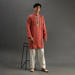 Load image into Gallery viewer, Rust Linen Kurta Pyjama Set with Hand Embroidery - BYB PREMIUM
