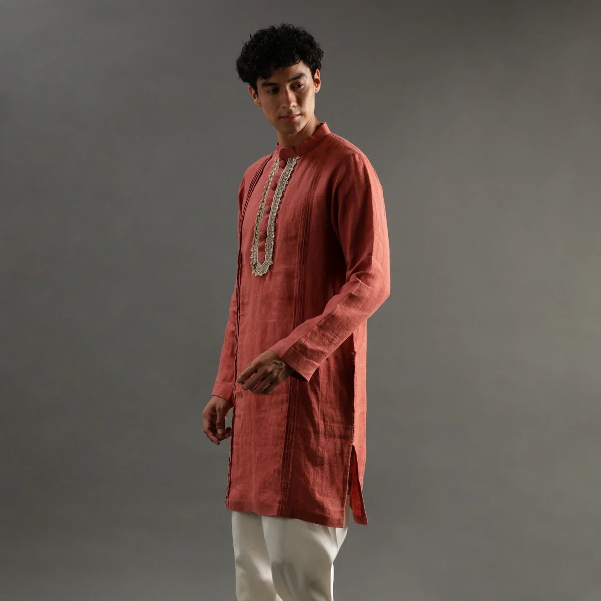 Rust linen kurta pyjama set with hand embroidery   byb premium