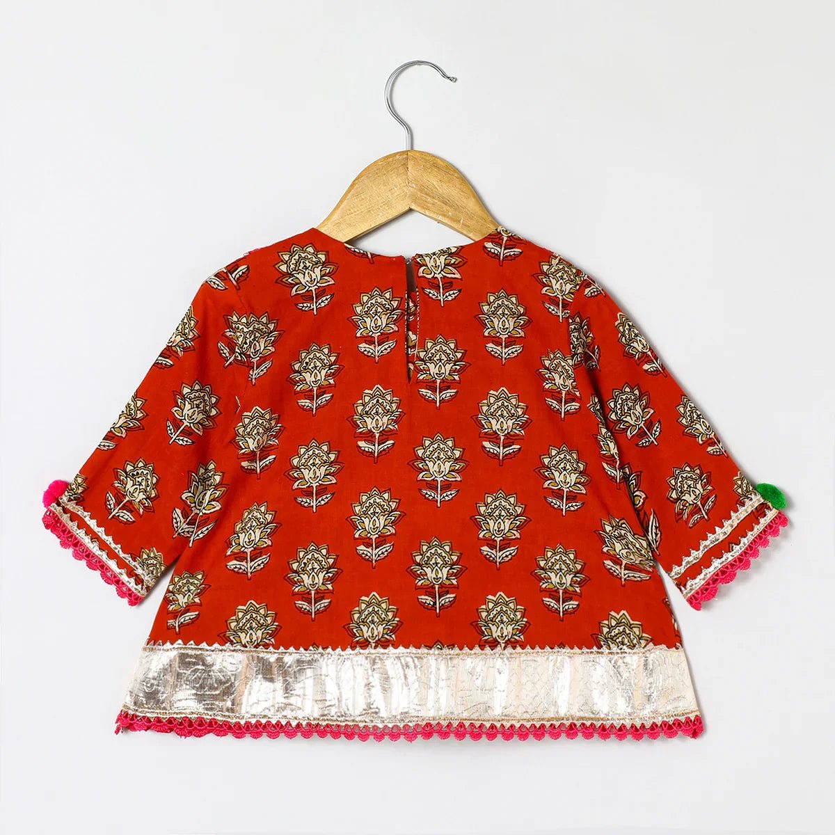 Rust printed lace embellished kurta and green dhoti set   byb premium