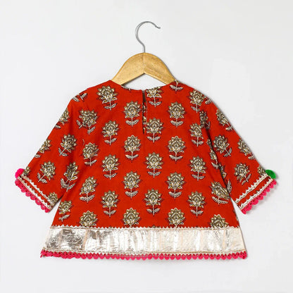 Rust Printed Lace Embellished Kurta and Green Dhoti Set - BYB PREMIUM