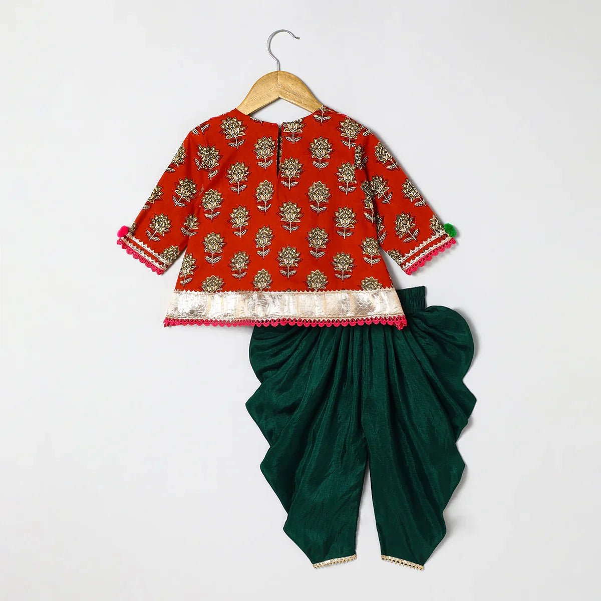 Rust printed lace embellished kurta and green dhoti set   byb premium