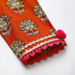 Load image into Gallery viewer, Rust Printed Lace Embellished Kurta and Green Dhoti Set - BYB PREMIUM
