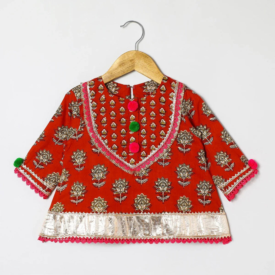 Rust Printed Lace Embellished Kurta and Green Dhoti Set - BYB PREMIUM