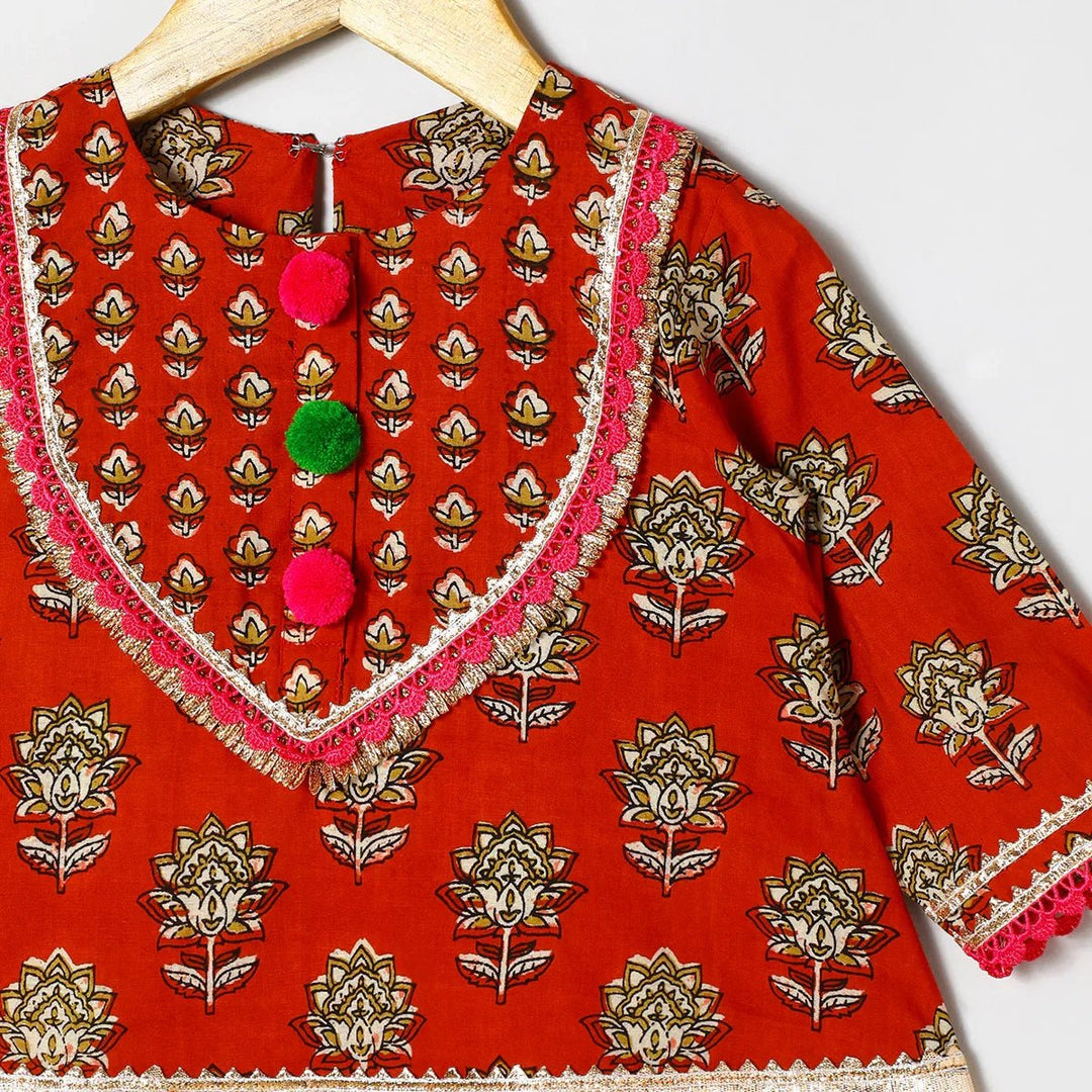 Rust Printed Lace Embellished Kurta and Green Dhoti Set - BYB PREMIUM