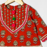 Load image into Gallery viewer, Rust Printed Lace Embellished Kurta and Green Dhoti Set - BYB PREMIUM
