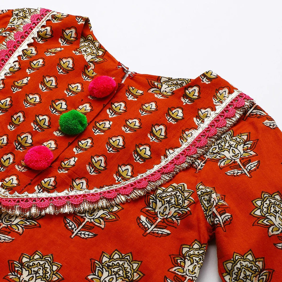 Rust Printed Lace Embellished Kurta and Green Dhoti Set - BYB PREMIUM