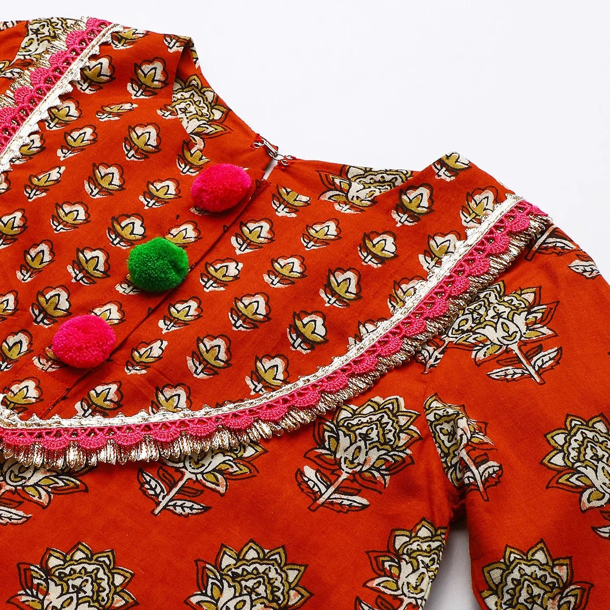 Rust printed lace embellished kurta and green dhoti set   byb premium