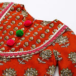 Load image into Gallery viewer, Rust Printed Lace Embellished Kurta and Green Dhoti Set - BYB PREMIUM
