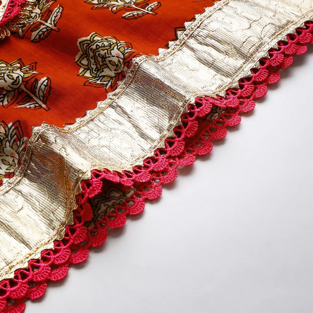 Rust printed lace embellished kurta and green dhoti set   byb premium