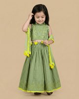 Sage Green Chanderi Lehenga Set for Girls with Mirror Work & Dupatta - BYB PREMIUM