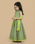 Load image into Gallery viewer, Sage Green Chanderi Lehenga Set for Girls with Mirror Work &amp; Dupatta - BYB PREMIUM
