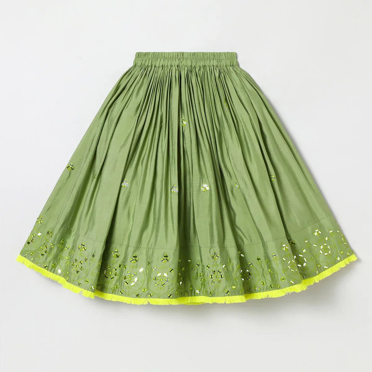 Sage green chanderi mirror work top skirt and dupatta   byb premium