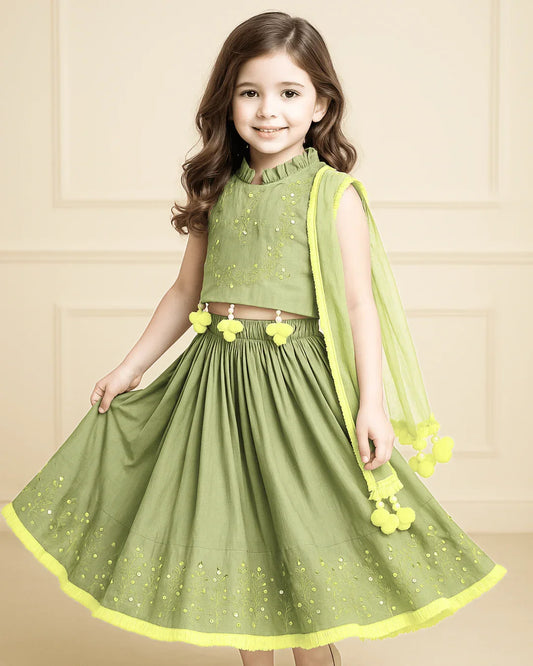 Sage green Chanderi mirror work top skirt and Dupatta - BYB PREMIUM