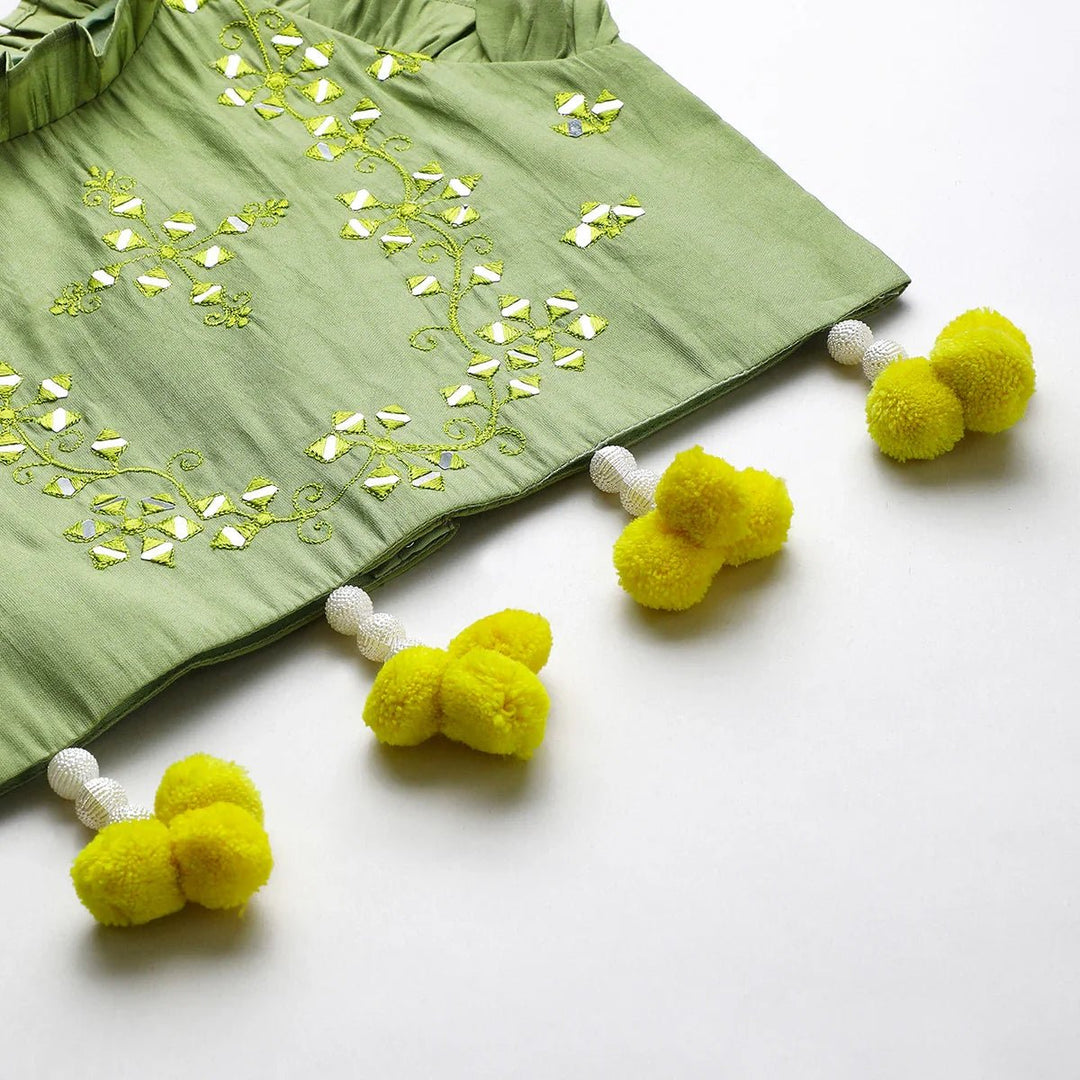 Sage green Chanderi mirror work top skirt and Dupatta - BYB PREMIUM