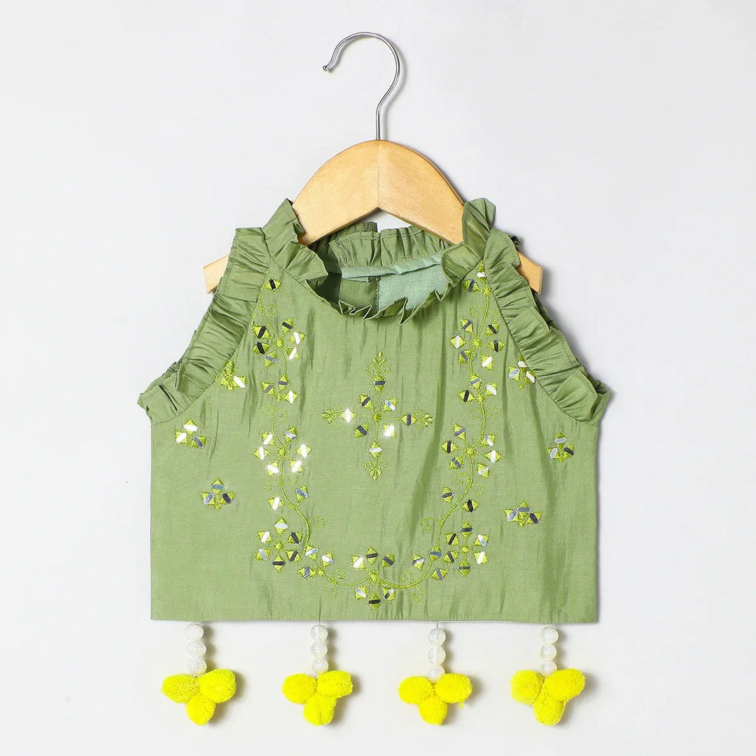 Sage green Chanderi mirror work top skirt and Dupatta - BYB PREMIUM