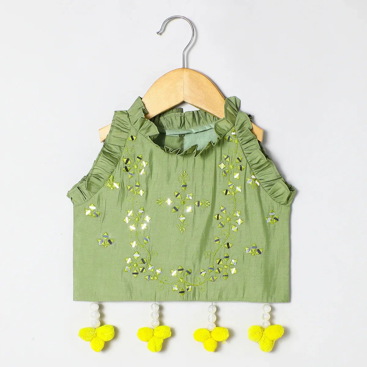 Sage green chanderi mirror work top skirt and dupatta   byb premium