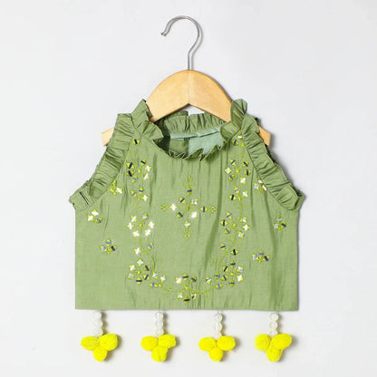 Sage green Chanderi mirror work top skirt and Dupatta - BYB PREMIUM