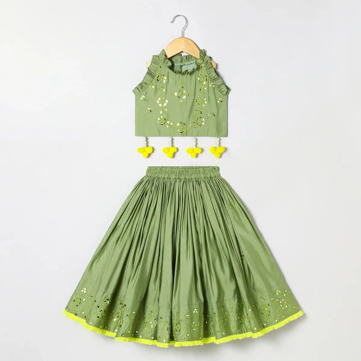 Sage green chanderi mirror work top skirt and dupatta   byb premium