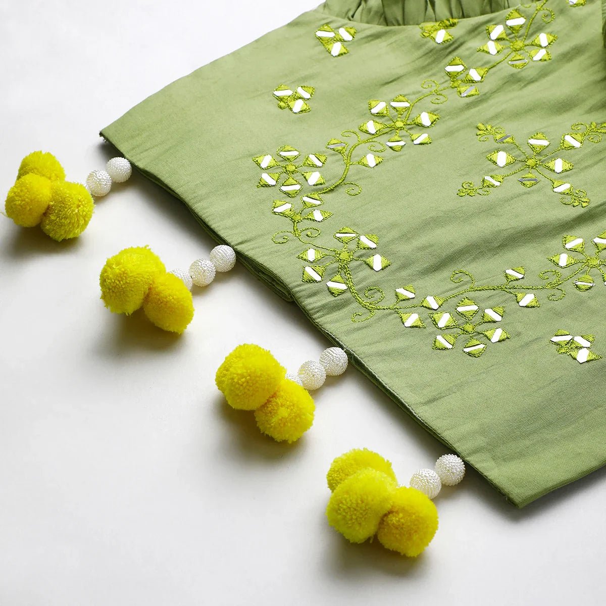 Sage green chanderi mirror work top skirt and dupatta   byb premium