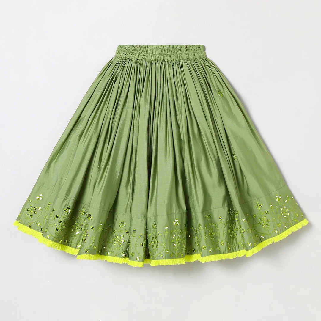 Sage green Chanderi mirror work top skirt and Dupatta - BYB PREMIUM