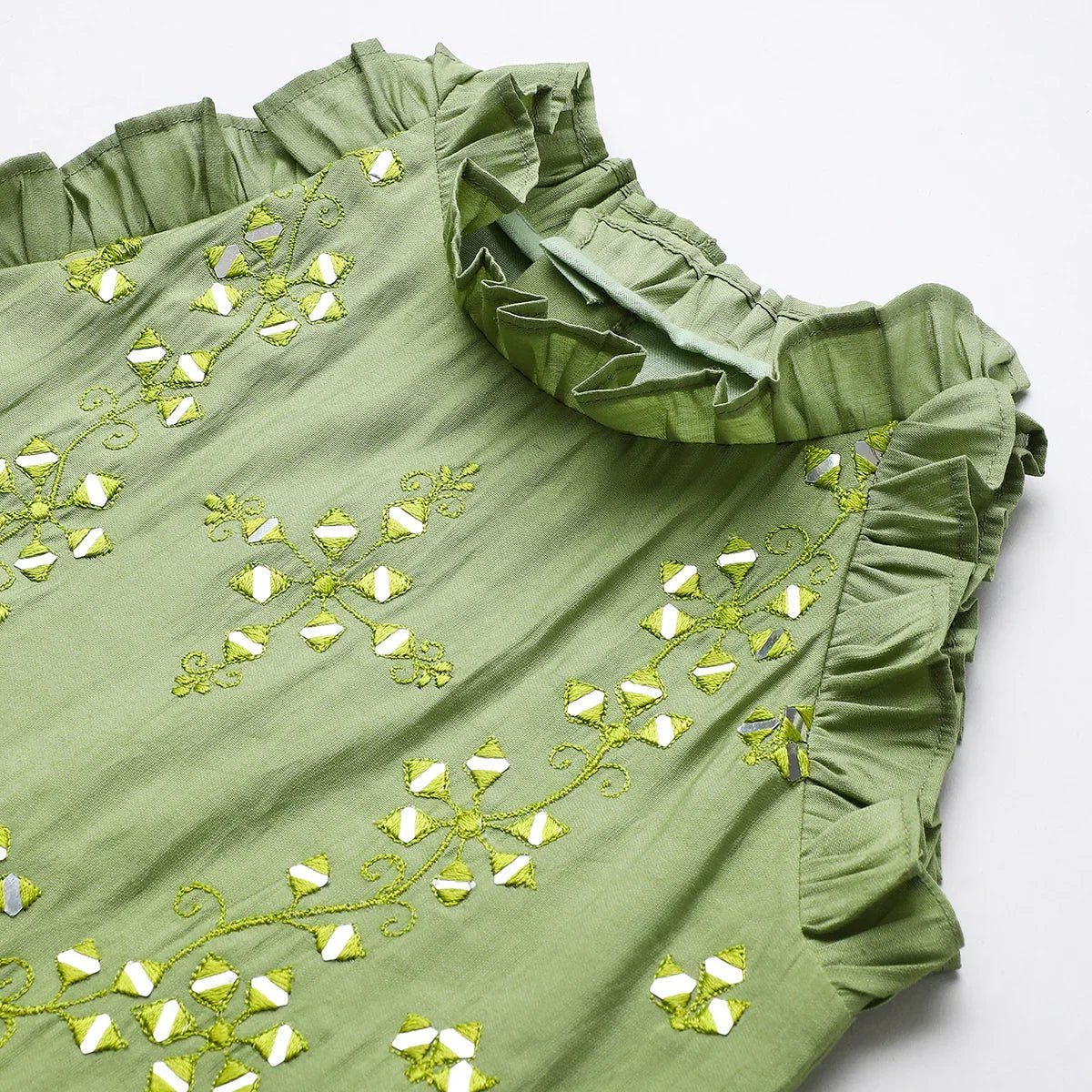 Sage green chanderi mirror work top skirt and dupatta   byb premium