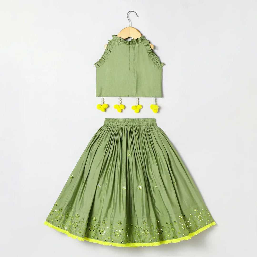 Sage green Chanderi mirror work top skirt and Dupatta - BYB PREMIUM