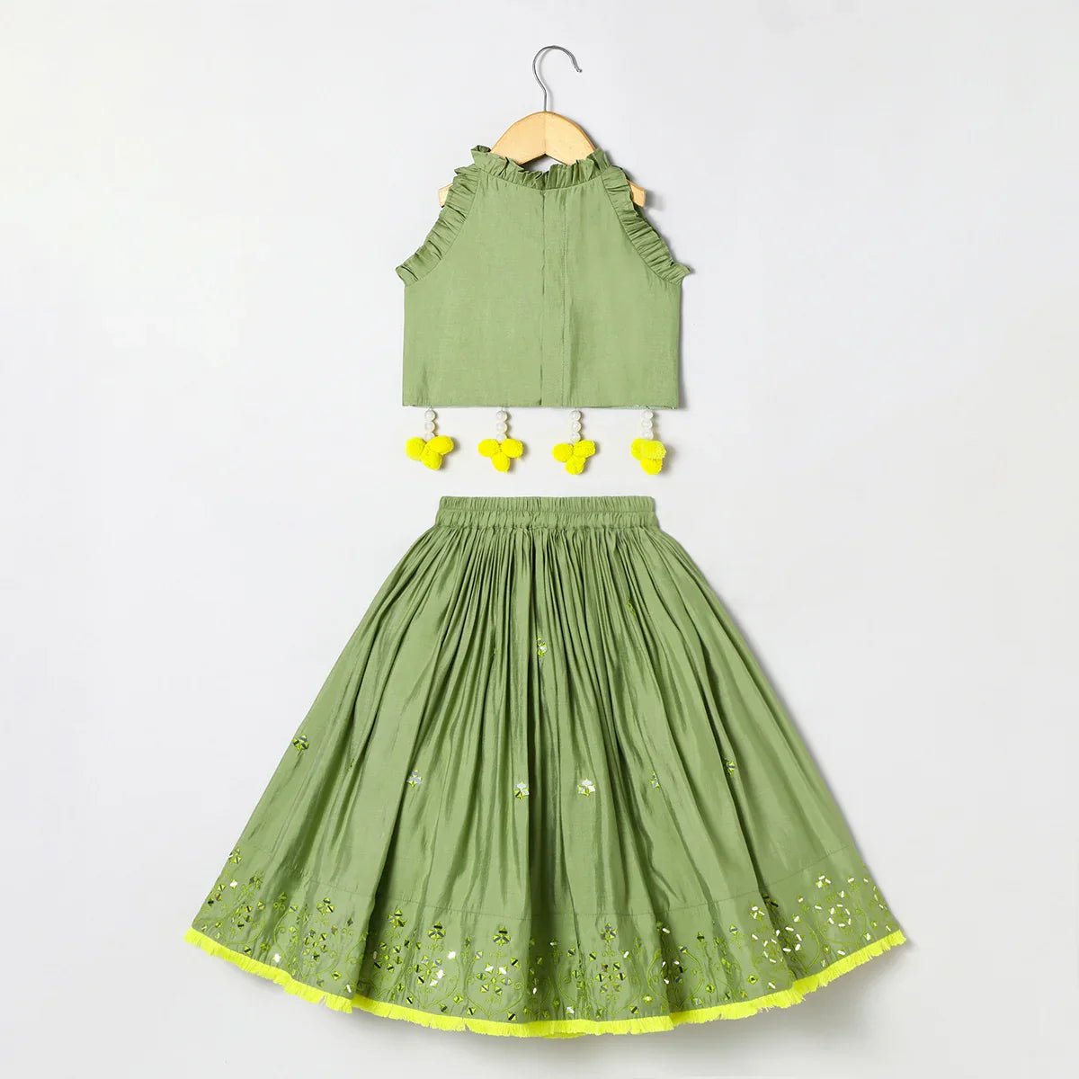 Sage green chanderi mirror work top skirt and dupatta   byb premium