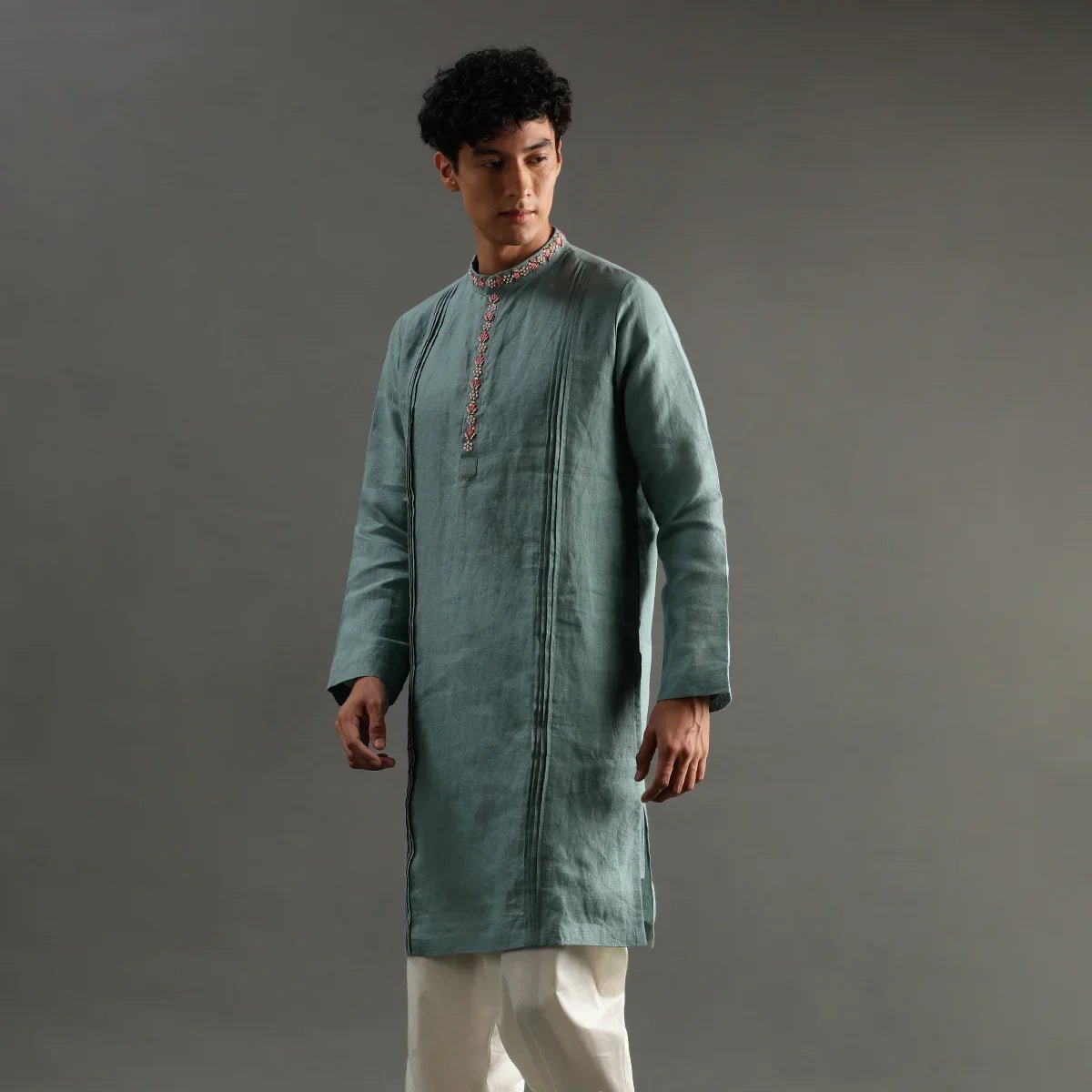 Sage green linen kurta pyjama set with hand embroidery   byb premium