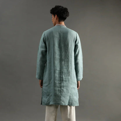 Sage Green Linen Kurta Pyjama Set with Hand Embroidery - BYB PREMIUM