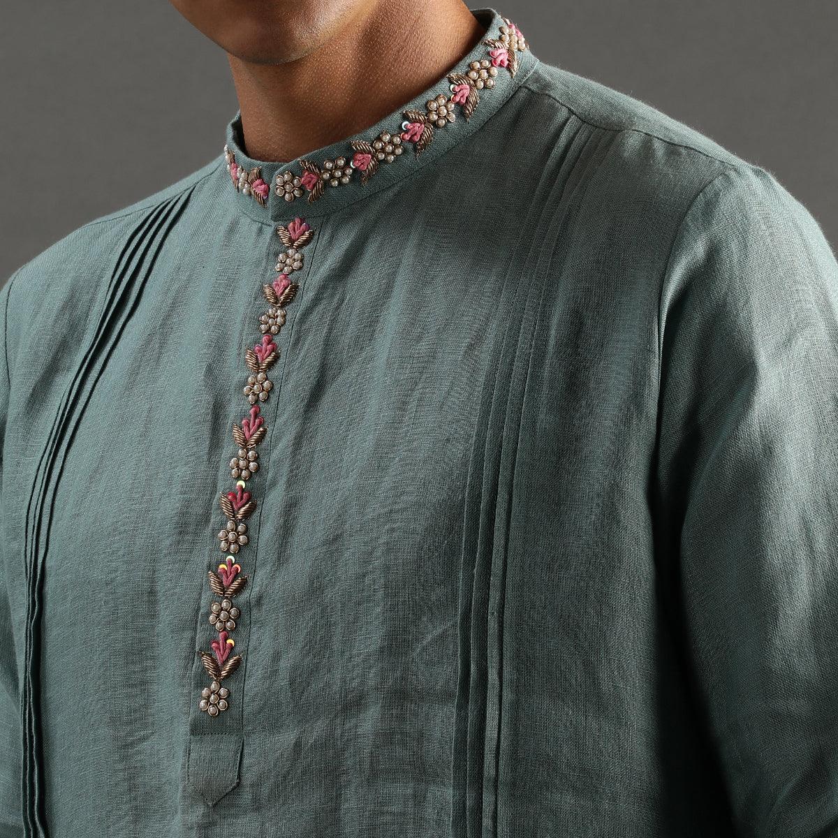 Sage green linen kurta pyjama set with hand embroidery   byb premium