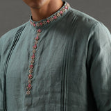 Sage Green Linen Kurta Pyjama Set with Hand Embroidery - BYB PREMIUM