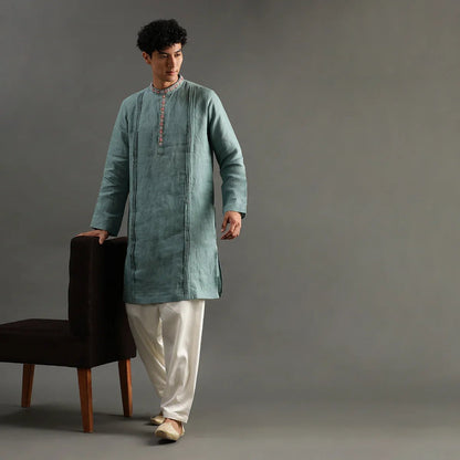 Sage Green Linen Kurta Pyjama Set with Hand Embroidery - BYB PREMIUM