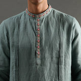 Sage Green Linen Kurta Pyjama Set with Hand Embroidery - BYB PREMIUM