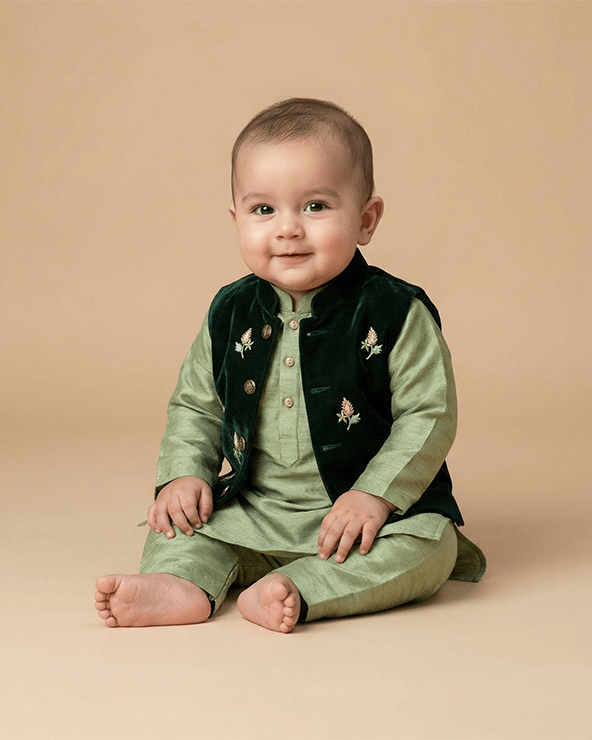 Sage Raw Silk Kurta Set for Boys with Velvet Bandi - BYB PREMIUM