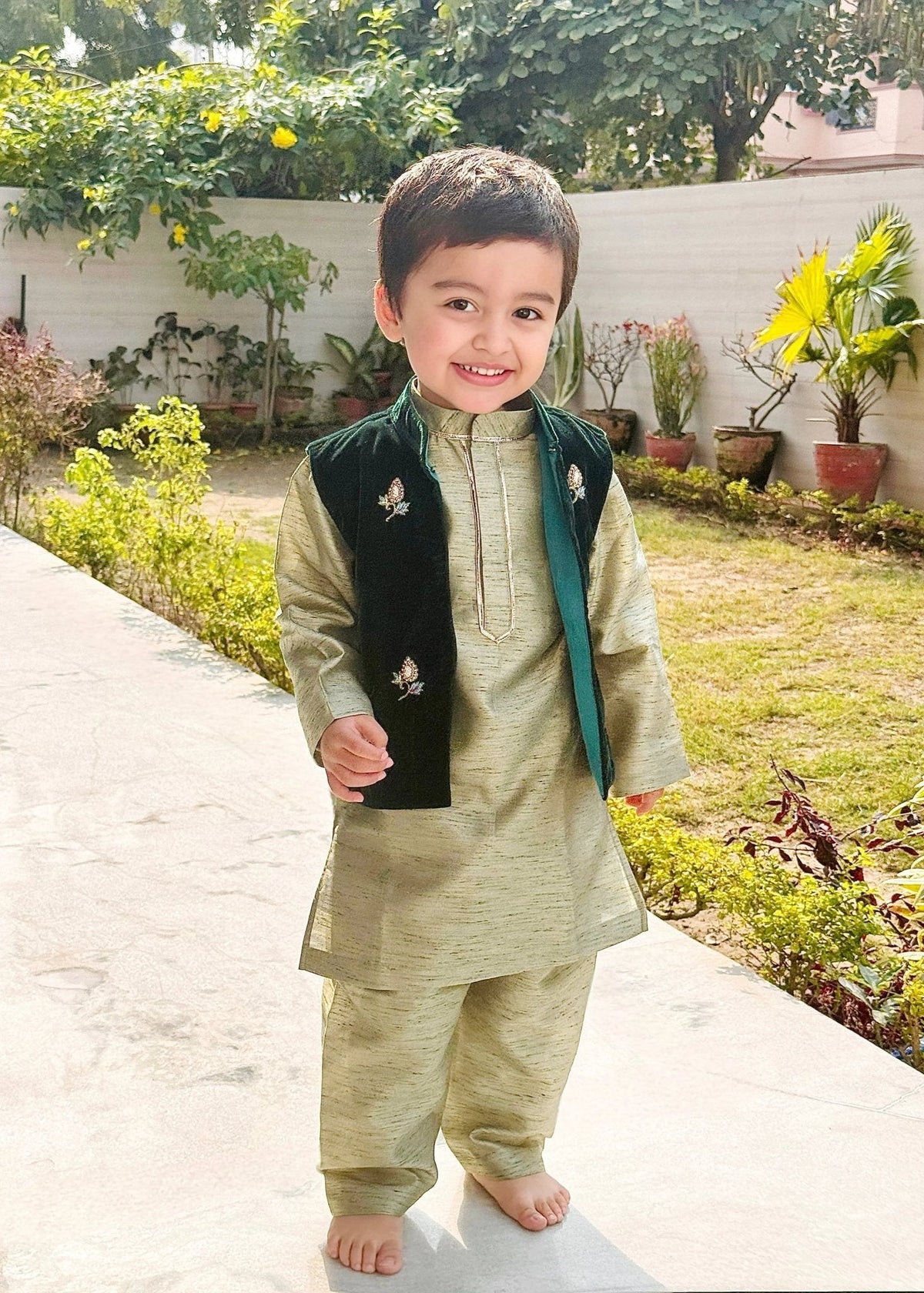 Sage raw silk kurta set for boys with velvet bandi   byb premium